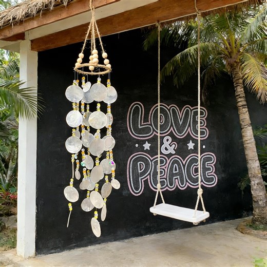 Capiz Shell Wind Chime, Coastal Ocean Decor, Yellow Cube Beads, Artisan Crafted - Etsy
