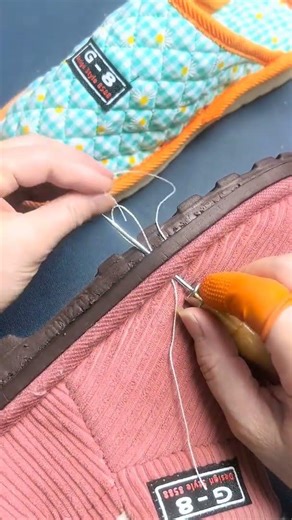 Tutorial on finishing the last stitch on a shoe sole using an awl #crafting #tips