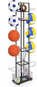 Vrisa Garage Ball Storage Vertical Ball Rack Space-Saving Sports Ball Equipment Storage Organizer for Soccer, Volleyball, Football Basketball Holder for Garage, Indoor Home, Gym, School, Outdoor