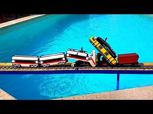Lego trains crashing on a bridge