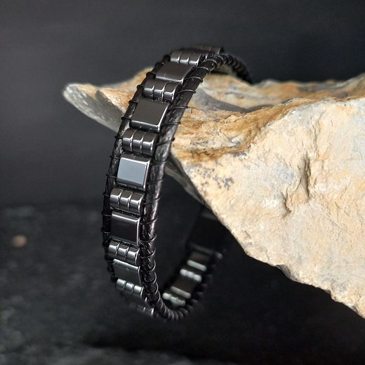 Hematite Stone Bracelet for Men – Handmade Beaded Leather Natural Healing Jewelry - Etsy