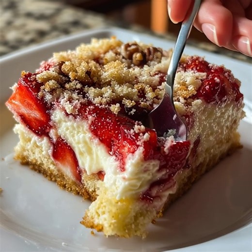 Strawberry Cheesecake Dump Cake Ingredients: - 1 package (3.4 oz) instant cheesecake pudding mix - 1 cup sour cream - 2 cups fresh strawberries, sliced - 1 box (15.25 oz) yellow cake mix - 1/2 cup unsalted butter, melted - 1/2 cup chopped pecans (optional) Directions: 1. Preheat oven to 350°F (175°C). Grease a 9x13-inch baking dish. 2. In a medium bowl, combine the instant cheesecake pudding mix and sour cream until smooth. Spread this mixture evenly in the bottom of the prepared baking dish. 3.