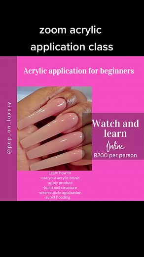 we now have online acrylic application classes You will learn -How to use your acrylic brush -How to apply product -How to control your acrylic -How to build nail structure -Cuticle application -How to avoid flooding -How to keep shape by application You will need -Acrylic brush -Dappen dish -Monomer -Acrylic powder -Practice tips