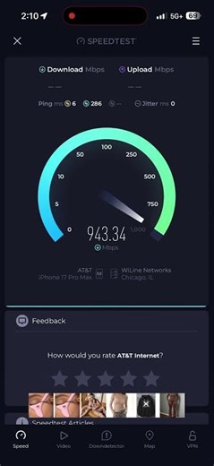 AT&T 5G+ Speed Test on iPhone 17 Pro Max