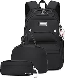 Bansusu 3Pcs Black Backpack for Teen Girls with Lunchbox, School Bag Girls Backpack Bookbag for Kids, Black