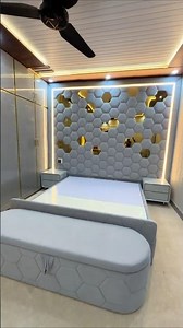 Modern Hexagon LED Headboard Bedroom Design 2026 | Grey Velvet Bed with Mirror Wall + Storage Bench