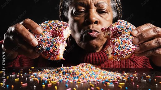 A woman devouring a colorful pastry, stages of consumption, macro sprinkles, food closeup