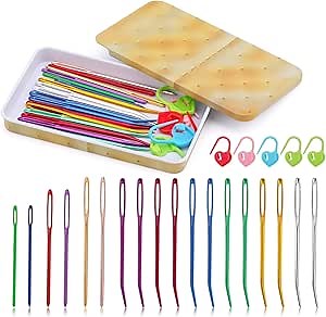 Nitlak 19 Pcs Tapestry Needles Bent Kit, Yarn Needle, Plastic Sewing Needles, Stainless Steel Hand Sewing Needles with Large Eye Sewing Darning Needles Stitch Markers Storage Box for Tapestry, Weaving