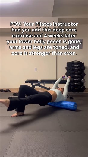 Marie | Deep Core & Strength Coach for Moms | Home Workouts on Instagram: "POV: Your Pilates instructor had you add this deep core exercise and 4 weeks later your lower belly pooch is gone, arms and legs are toned, and core is stronger than ever. All you need is one light dumbbell! I’m using 5 Ibs for reference. Aim for 3 x 10 and lower your arms and leg as low as they will go before your back starts to arch. You got this🤘🏽 Comment “Pilates” for a direct link to my go-to foam roller! I’m using