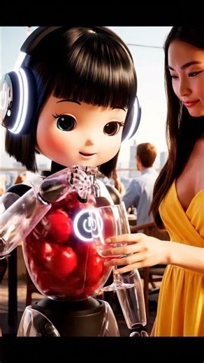 “Cute Robot Barista Makes Fresh Red Plum Juice 🍷🤖✨ | Cozy Rooftop Café” #shorts #asmr #smoothie