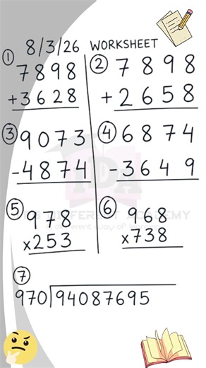 DAILY SUMS WORKSHEET 8-3-26 #WORKSHEET #MATHS #CBSE #NCERT #PRACTICE #cbse #maths #cbse#mathematics