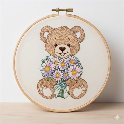 Teddy Bear With Flowers Embroidery Design, Teddy Bear Embroidery Template PDF File (instant Download) - Etsy