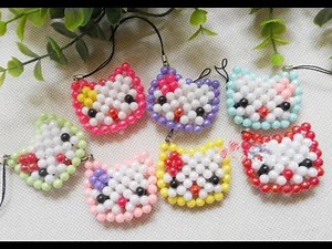 DIY kawaii bead hello kitty head keychain 水晶串珠教学 可爱的KT头挂饰