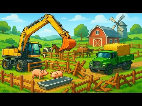 Feeding Cows & Pigs 🚜🐷🐄 Repairing Barn Fence with Excavator and Dump Truck | Farm Vehicles Animation