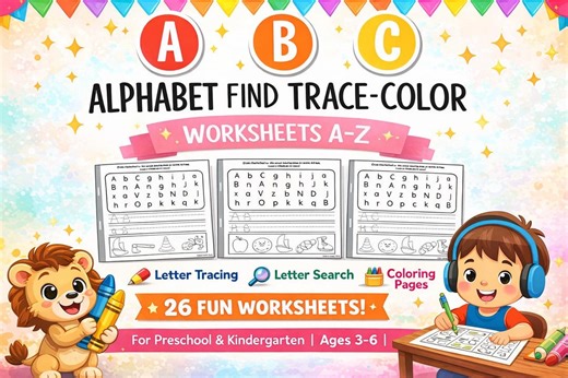 Alphabet Find, Trace & Color Worksheets – Preschool ABC Printable PDF (A–Z) - Etsy