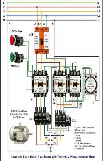 Automatic Star Delta (Y-Δ) Starter Wiring Diagram with Timer for 3-Phase Induction Motor ⚡🔧