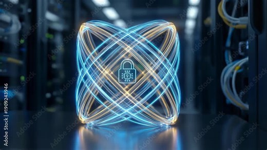 Quantum security lattice grid structure geometry glow around cyber padlock and digital lock icon microchip core futuristic data center server hall