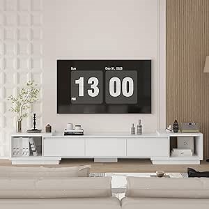 FAMAPY Extendable TV Console Table Modern TV Cabinet with Drawers, Contemporary Entertainment Center Media Storage Console Table for Living Room White (65.4-106.3”W x 15.7”D x 15.4”H)