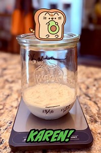 Poor Karen…she has been neglected while mama has been 🤧Now she has been fed heavy, and can bubble 🫧 up for a few hours. She is loving her new pretty home 🫙 and will get to twirl later in my stand mixer 💃 | Jennifer Wilson