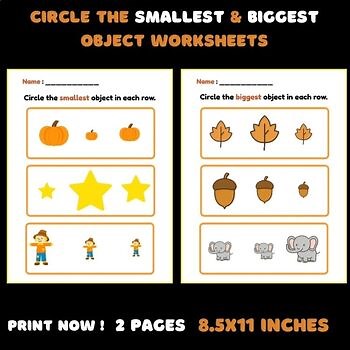 Circle the Smallest & Biggest Object Worksheets | Fall & Animal Theme |Prek