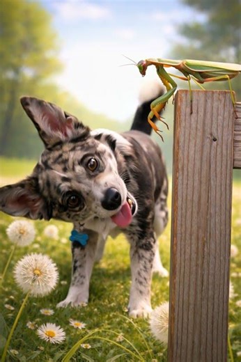 Dog vs Praying Mantis… it stared her down