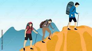 Various video animation transitions of people hiking with Mountain Views. The concept of traveling, discovering, and observing nature. in 4K UHD 3840x2160.