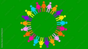 Animated colorful circle of people turns around. Symbols of people are holding hands. Concept of social, teamwork, connection, communication, society. Looped video. Vector illustration isolated on gre