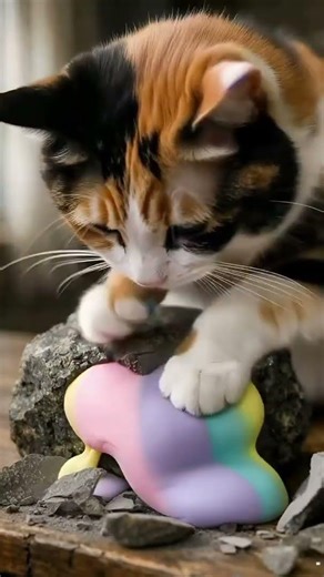 Cat Crushes a Rock Revealing Rainbow Clay 🐱✨ Oddly Satisfying ASMR｜猫が石を潰すとカラフル粘土が出てくる｜貓咪壓碎石頭竟然是彩色黏土
