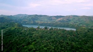 Lake Nyiambuga At Ndali Luxury Lodge In Kibale Forest National Park Near Fort Portal, Uganda. Aerial Shot