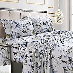Tribeca Living Twin Bed Sheet Set, 300 Thread Count Soft Cotton Sateen, Floral Print with Extra Deep Pockets, 3-Piece Bedding Set, Amalfi Blue/Multicolor