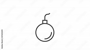 Animated bomb linear icon. Explosive weapon. Destruction. Dangerous explosion. Seamless loop HD video with alpha channel on transparent background. Outline motion graphic animation