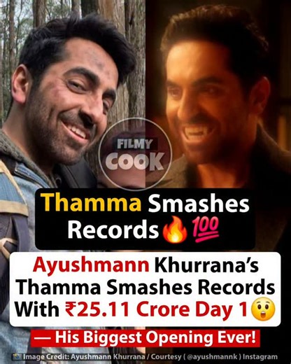 Bollywood | Entertainment | Movies on Instagram: "Ayushmann Khurrana has set the box office on fire with his latest release Thamma. The film opened to a thunderous response across India, collecting a massive ₹25.11 crore on Day 1, marking the biggest opening of Ayushmann’s career so far. With Thamma, Ayushmann has entered the top league of 2025’s box office performers, scoring the third-highest opening of the year — just behind two major blockbusters. The film’s strong word-of-mouth and gripping