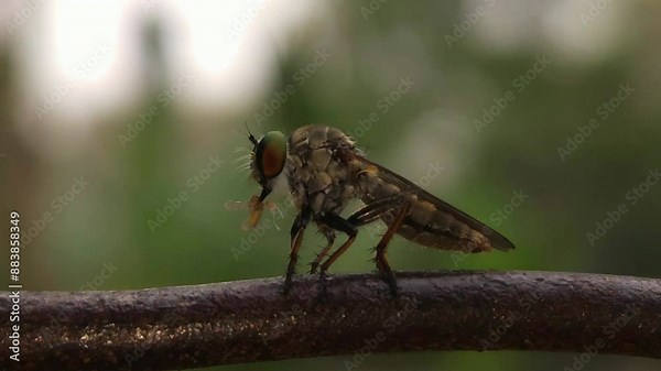 View insect macro in wildlife. Asilidae or robber flies, are insect-eating predators. Hairy robber fly with common fly in its mouth.