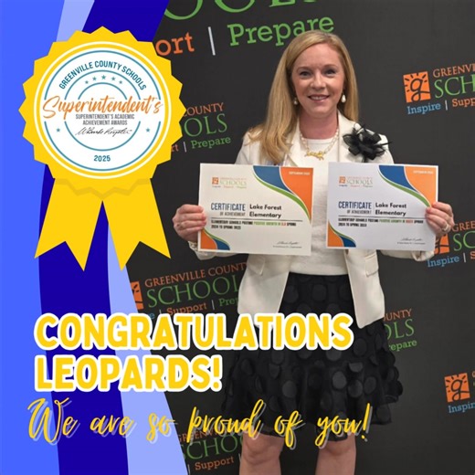 🎉 Congratulations, Lake Forest Elementary! 🎉 We are so proud to share that our 3rd–5th grade students made an 11% gain in ELA and a 6% gain in Math on SCReady! 💙🐆 Today at the Principal’s Meeting, Lake Forest Elementary was recognized during the Superintendent’s Academic Achievement Awards for making gains in both areas. This achievement is a true reflection of the hard work of our students, the dedication of our teachers, and the support of our families. Together, we are blazing a trail of 