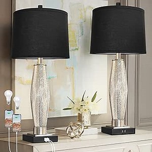 QiMH Table Lamps Set of 2, Bedroom Lamp with USB A+C Charging Ports, Modern Glass Beside Lamps for Living Room Rotary Switches, Black Nightstand Lamp Home Lights Decor (LED Bulbs Included)