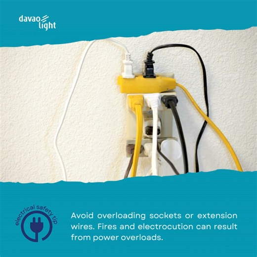 Avoid overloading sockets or extension wires. Fires and electrocution can result from power overloads. #kuryentips #safetytips | Davao Light and Power Co.