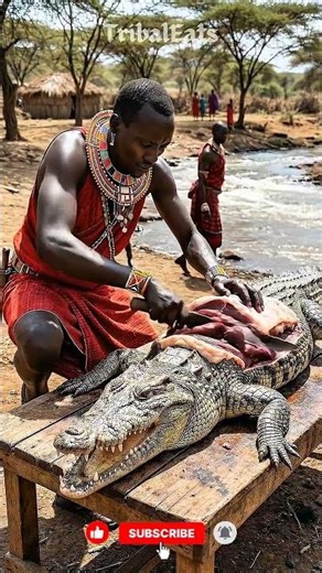 Primitive Crocodile Cooking Over Fire 🔥 #triballife #tribalfeast #primitivecooking