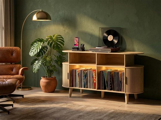 Large Round Record Player Stand With Charging Station, USB Ports & Vinyl Storage Cabinet - Etsy