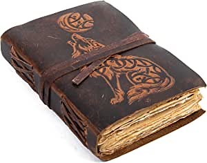 Wolf Leather Journal Embossed Bound - Writing Notebook Handmade Daily Notepads for Men & Women Blank Paper 7 x 5 Inches - Best Gift for Art Sketchbook & Notebook