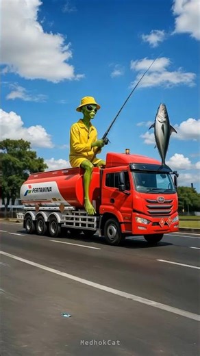 Alien Fisherman Catches Fish on a Pertamina Tanker Truck