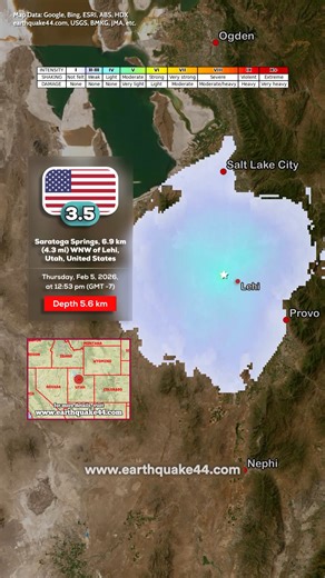 Lehi, Utah Earthquake - Saratoga Springs, 6.9 km (4.3 mi) WNW of Lehi, Utah, United States ▶️ Local time at epicenter: Thursday, Feb 5, 2026, at 12:53 pm (GMT -7) ▶️ Epicenter: Saratoga Springs, Utah, USA ▶️ Magnitude: 3.5 ▶️ Depth: 5.6 km #earth44 #earthquake #earthquakes #utah #unitedstates #fyp #viral #trending | Earth44