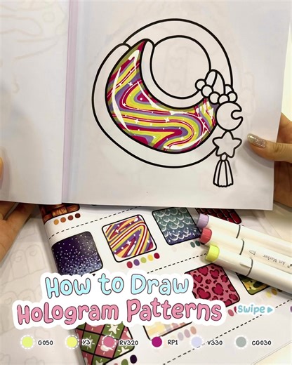 ✨ Carrying sunshine, sparkles, and snacks in one magical hologram bag! 🌈 Here’s one of the many ways to create hologram patterns in your drawing and make it shine! This page is part of “Fashion Vibes” Coloring Book. Medium: Ohuhu alcohol markers Sakura white gel pen #howtodrawpatterns #cocowyopublishing #cocowyo #cocowyocoloringbook #coloringtip #coloringtutorial