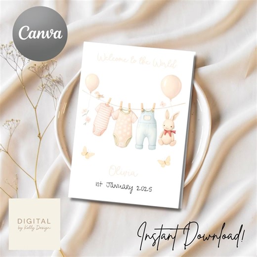 Editable Welcome to the World Baby Card – Printable 5x7" New Baby Greeting, Neutral Gender, Baby Girl, Instant Download, Birth Announcement - Etsy UK