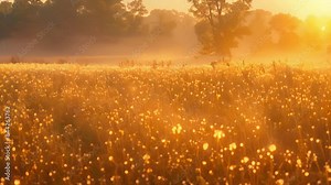 From afar the sunrise meadow appears to be a golden paradise with the morning light reflecting off the luminescent dew like a million tiny stars.