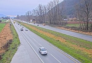 Aerial view of traffic after truck hits Highway 99 overpass in Delta