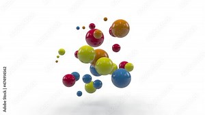 Loop 3d animation of the appearance of multicolored balls on a white background. the balls increase and decrease in size. Multicolored chaos and abstraction.
