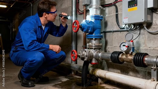 Professional checking backflow prevention equipment for leaks in a buildings water system to maintain sanitary standards.