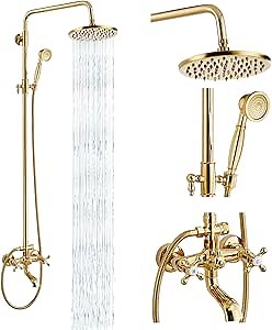 gotonovo Exposed Shower Faucet Set 8 Inch Rainfall Showerhead 3-Function Shower Fixture with Tub Spout 2 Corss Handles Shower System, Polish Gold