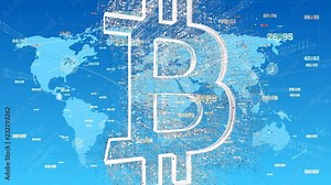 4k BTC symbol.Cripto currency bitcoin.World connections with web lines path,global map,growing global Network with communication,financial digital data,complexity and data flood of modern digital age.