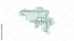 Belgium shape word cloud animation. Country boundary filled with country names animated. Belgium presentation video.